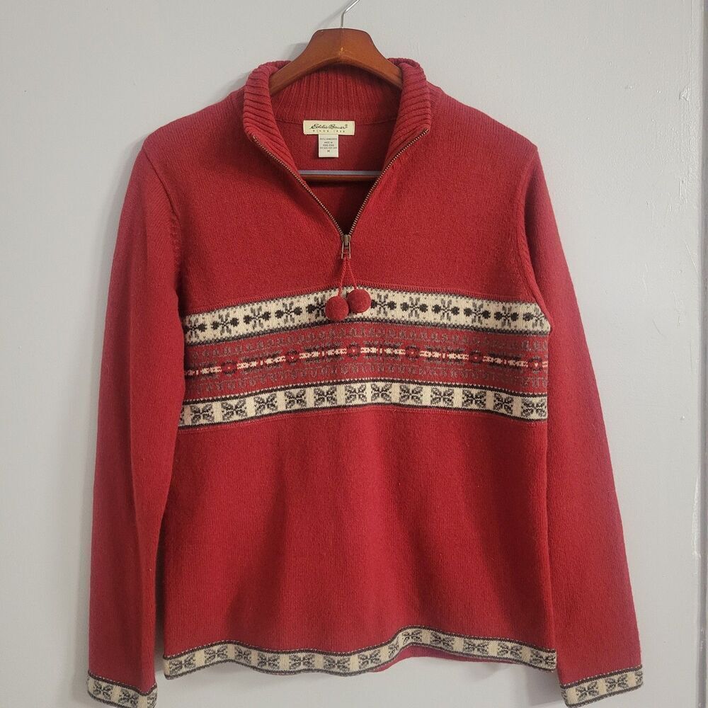 Eddie Bauer Lambswool Full Zip Cardigan Sweater Women's SZ Large Black Fair Isle